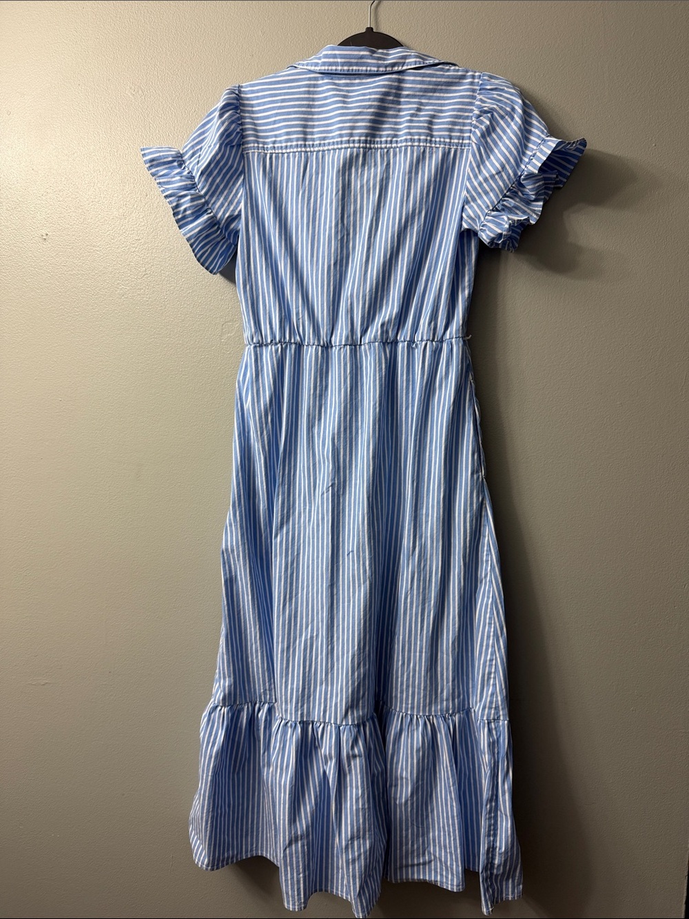 J.Crew Factory striped ruffle-sleeve shirt-dress in Sail Blue. 2 - Picture 7 of 8
